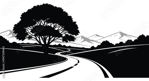 A winding road leads toward distant mountains beneath a large leafy tree a striking silhouette high quality professional detailed modern
