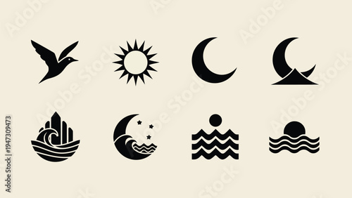 Collection of celestial and weather-themed icons depicting moon phases and weather conditions Vector