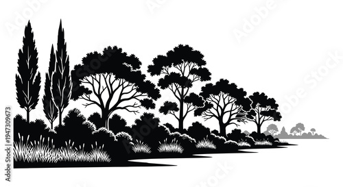 A striking black and white landscape showcases a dense forest edge with a dramatic silhouette high quality professional detailed modern elegant