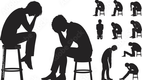 Black silhouettes of depressed people sitting on stools and standing in various poses of sorrow isolated on a white background.