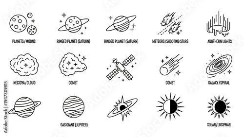 Fotografie Minimalist linear vector icon collection depicting cosmic elements like planets,