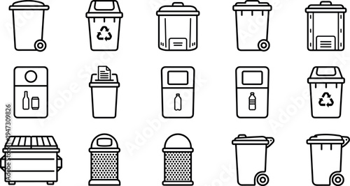 Recycling and trash bin icons set with garbage containers for plastic glass metal bottles and cans, waste management sanitation symbols isolated on transparent background