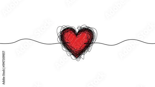 Fotografía A hand-drawn red heart with a scribbled, abstract texture, connected by a delica