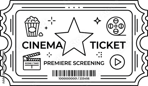 Outline cinema movie ticket template with star popcorn clapperboard and film reel icons, premiere screening admission pass design with decorative frame and barcode on transparent background