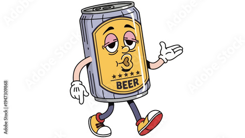 Whimsical cartoon character of a beer can with a kissy face and arms and legs, walking with a lighthearted stride