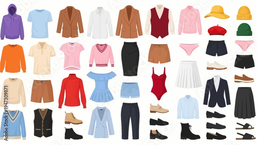 Εκτύπωση καμβά Extensive flat lay collection of modern apparel for men and women, showcasing a