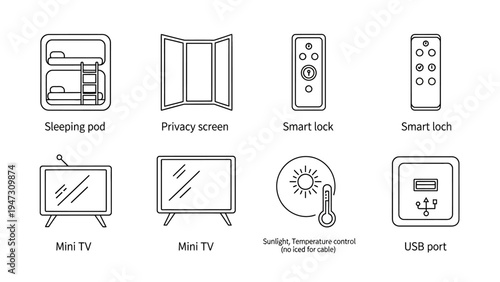 Foto Modern smart amenities vector line icon set for compact living and travel