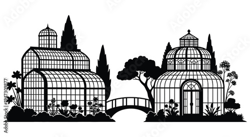 Intricate black and white illustration depicts ornate greenhouses a bridge and trees in a detailed silhouette high quality professional modern elegant