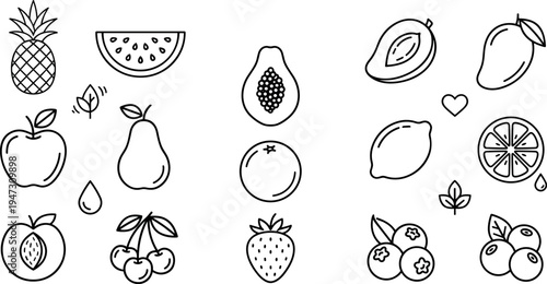 Outline fruit icons set with pineapple watermelon papaya mango apple pear orange lemon strawberry blueberry cherry and peach, healthy tropical food illustration collection on transparent background