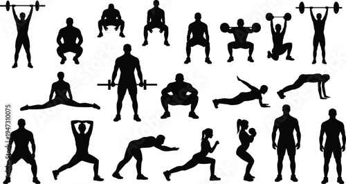 Black silhouettes of people weightlifting, doing squats, lunges, and bodybuilding exercises isolated on a grey background for gym fitness training