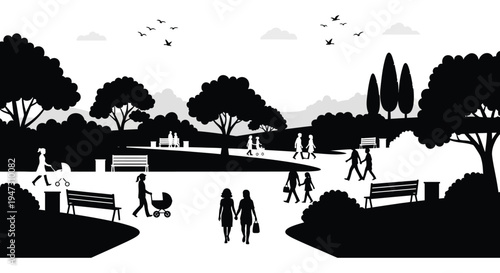 A peaceful park scene with people strolling and relaxing depicted in a striking black silhouette high quality professional detailed modern elegant