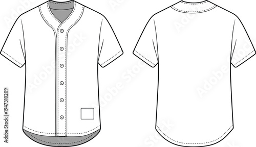 baseball jersey template, sports shirt design, front back view, button jersey, athletic apparel, cad drawing, flat vector illustration