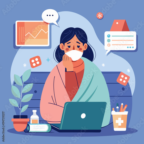 Woman working from home while sick with a face mask on