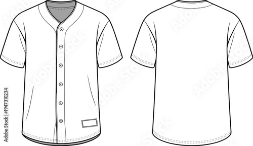 baseball jersey template, sports uniform shirt, button front jersey, athletic apparel design, front back view, cad drawing, flat vector illustration