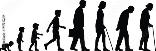 Black silhouettes showing the evolution of human life stages from baby and child to adult and senior isolated on white background