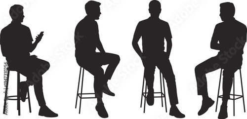 Black silhouettes of young men sitting on stools, using a phone, and talking in casual poses isolated on white background