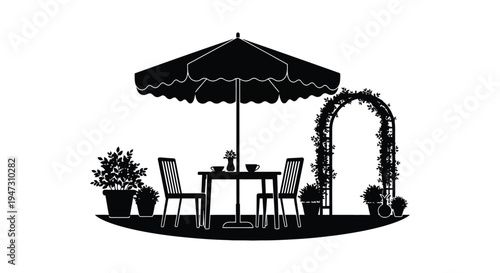 A simple outdoor dining setup with a table chairs and umbrella presented as a striking silhouette high quality professional detailed modern