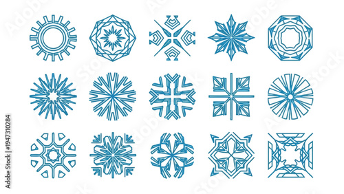 Elegant collection of symmetrical snowflake patterns in intricate designs Vector