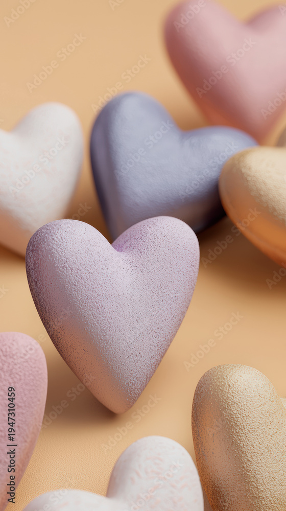 Obraz premium Pastel colored heart shaped candy on a soft tan background creates a romantic and sweet feeling suitable for themes of love and Valentines celebrations.