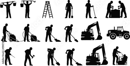 construction worker silhouettes, industrial labor set, builder tools, excavation machine, tractor equipment, manual work, maintenance service, repair, cleaning worker, vector illustration collection