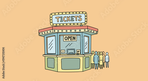 Colorful ticket booth with people