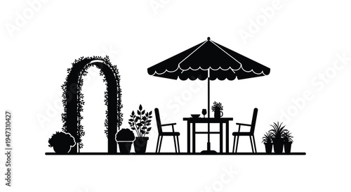 A minimalist outdoor dining setup with an arched trellis and umbrella presented as a striking silhouette high quality professional detailed modern