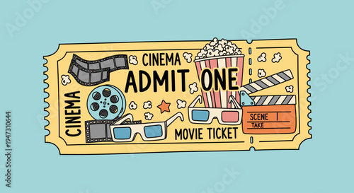 Cinema ticket with movie clapper board