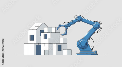 Robotic arm assembling modular building blocks, representing construction, automation, and future architecture