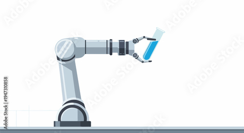 Robotic arm holding a test tube with blue liquid, symbolizing science, technology, and research.