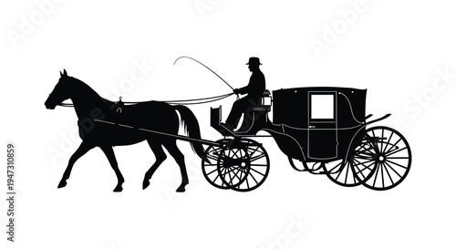 A striking black silhouette depicts a horse drawn carriage with a driver evoking a vintage aesthetic silhouette high quality professional detailed modern