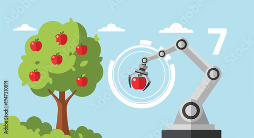 Robotic arm harvesting ripe red apples from a tree, representing automation and efficiency in agriculture.