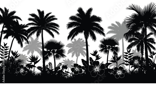A striking black palm tree landscape with vibrant tropical flowers presented as a dark silhouette high quality professional detailed modern elegant