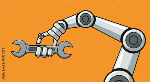 Robotic arm holding a wrench, symbolizing automation, industry, and advanced technology in manufacturing and engineering.