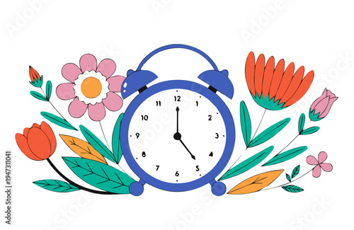 Spring forward daylight saving time concept with clock and flowers