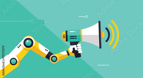 Robotic arm holding a megaphone, broadcasting a message or announcement, concept of AI communication and automation