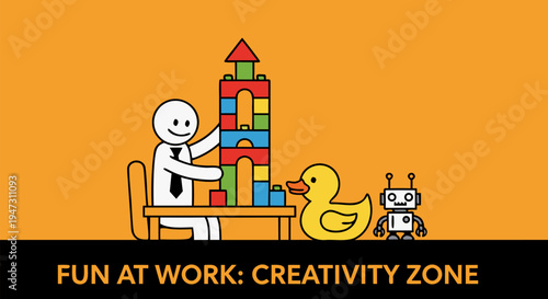 Cheerful professional stickman building a tall vibrant block structure with duck and robot toys in the office creativity zone on orange backdrop
