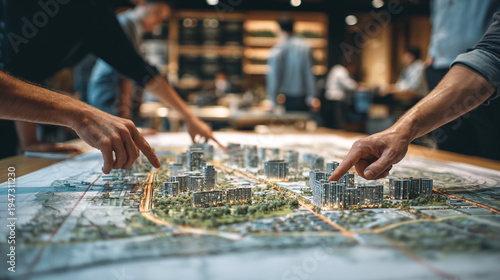 professional urban planning team analyzing detailed maps and architectural model in office meeting to develop city construction blueprint and real estate development strategy