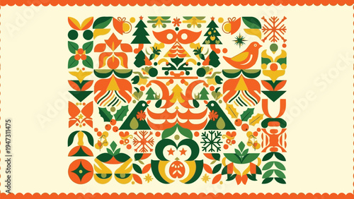 Vibrant traditional geometric and floral textile pattern design Vector