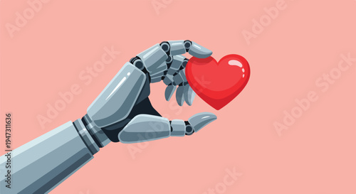 Robotic hand gently holding a vibrant red heart, symbolizing artificial intelligence, empathy, love, and the future of human-robot connection.