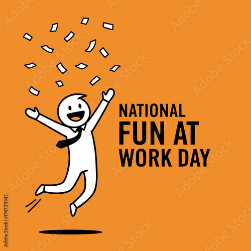 Thrilled stick figure personnel leaping with exhilaration under confetti for national fun at work day event on orange background