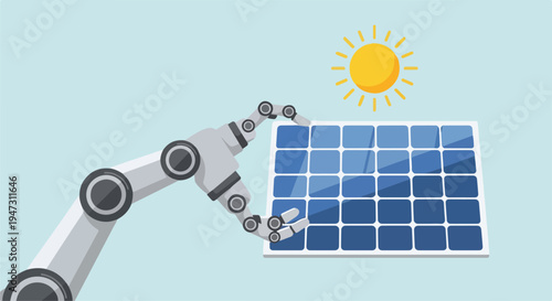 Robotic arm installing or holding a solar panel under the sun, symbolizing automation, renewable energy, and sustainable technology development.