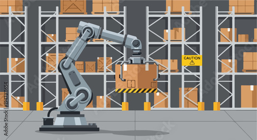Robotic Arm Lifts Cardboard Box in Automated Warehouse, Illustrating Modern Logistics, Supply Chain Efficiency, and Industrial Technology Solutions