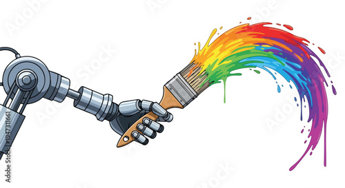 Robotic arm painting a vibrant rainbow splash, symbolizing artificial intelligence creativity and the future of digital art and design.