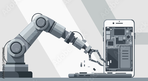 Automated precision: Robotic arm assembling or repairing a smartphone, illustrating advanced technology, robotics, and future manufacturing in the electronics industry.