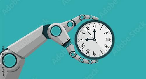 A futuristic robotic arm gently holds a classic wall clock with Roman numerals, symbolizing advanced time management, automation, efficiency, and the future of technology.