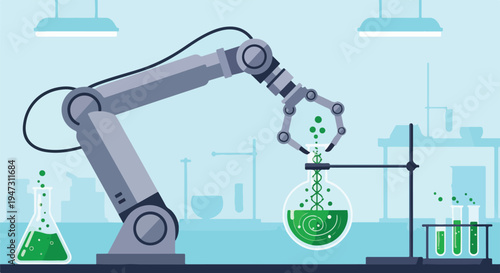 Robotic arm performing a precise chemical experiment in a modern science laboratory, symbolizing automation, research, and technological innovation in chemistry and biotech.
