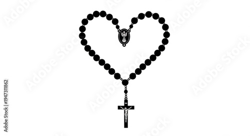 A black rosary in the shape of a heart with a cross