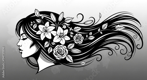 A beautiful woman's face with flowers in her long hair