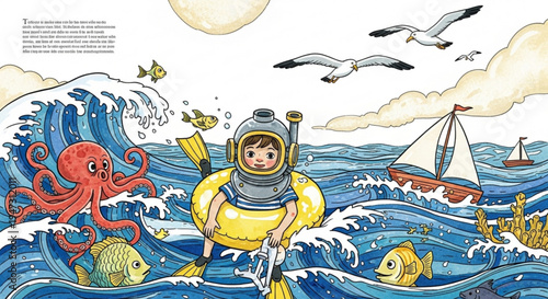 A cartoon illustration of a child in a diving suit floating on an inflatable ring in the ocean surrounded by sea creatures