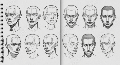 A vector graphic illustration of multiple male face sketches in a notebook